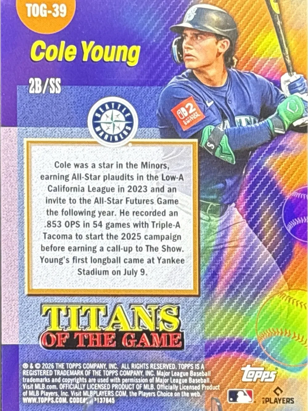 Topps Cole Young Holo Rainbow Rookie Baseball Trading Card - Titans of the Game